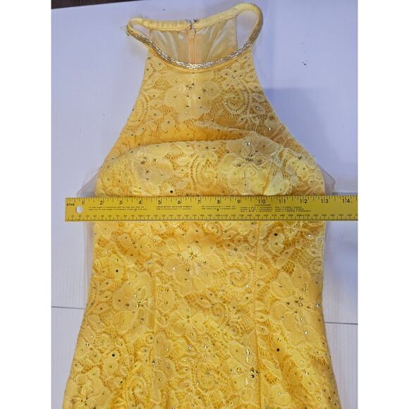 Sherri Hill Yellow Lace Ball Gown Prom Dress Long Slit Halter Neck Size 6 3973 - Picture 10 of 14